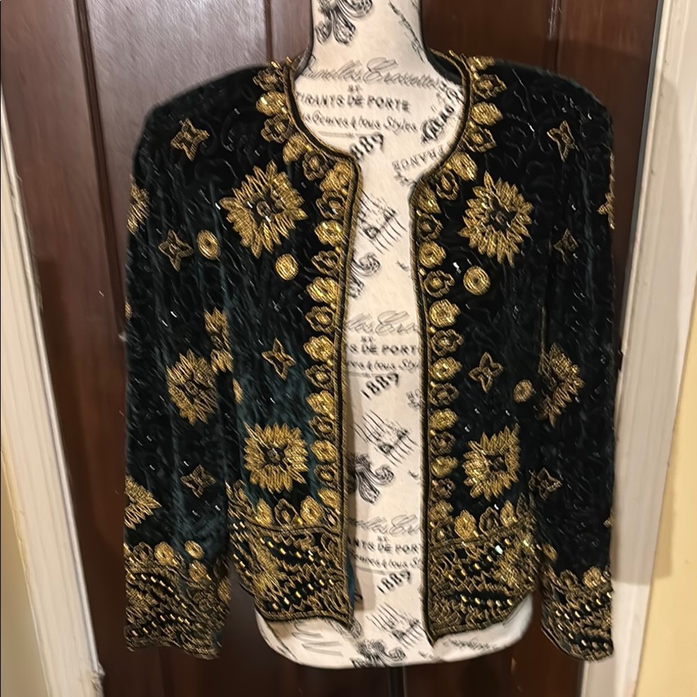 Vintage Adrianna Papell Black and Gold Blazer with Intricate Embroidery